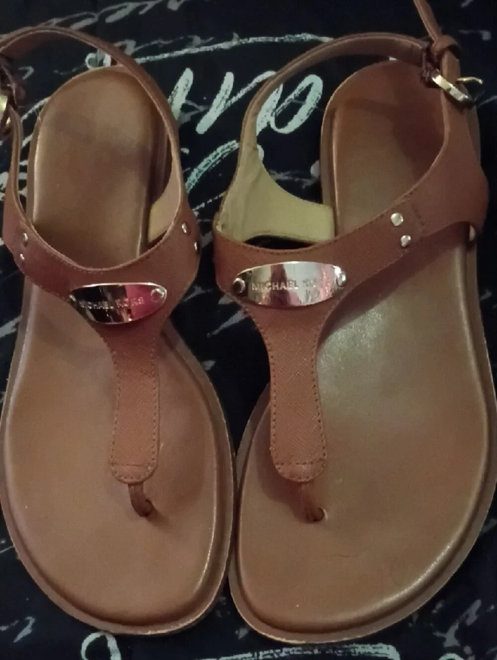 Michael Kors Brown Leather T-Strap Sandals with Gold Accent